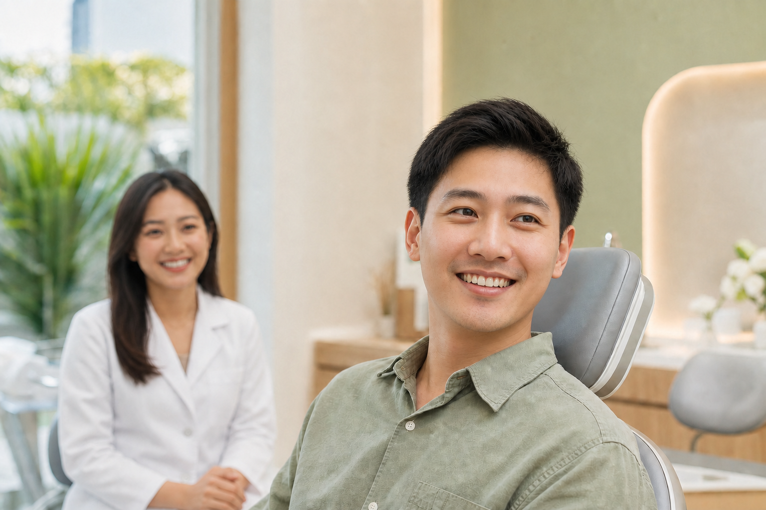 A Malaysian Chinese patient smiling after a comfortable dental consultation
